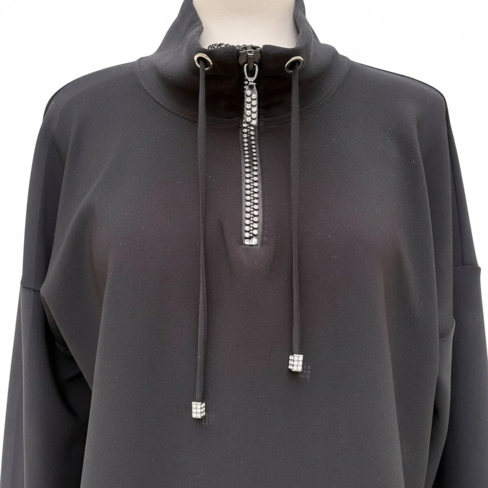 Joseph Ribkoff Mesh Insert Shirt Hem Rhinestone 1/4 Zip Black Mock Neck Grunge - Picture 3 of 10